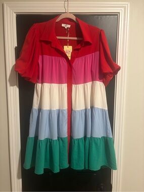 entro Red Pink White Light Blue Green Colorblock Tiered Shirt Dress